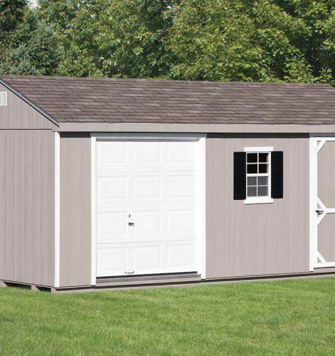 Gray one car garage with white door