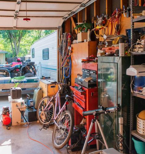 View of inside a messy garage