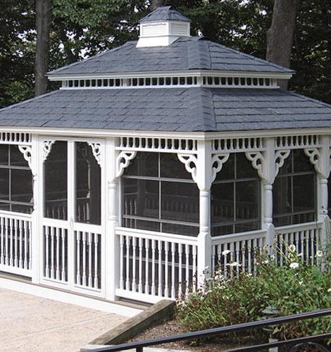 White rectangular gazebo with screen
