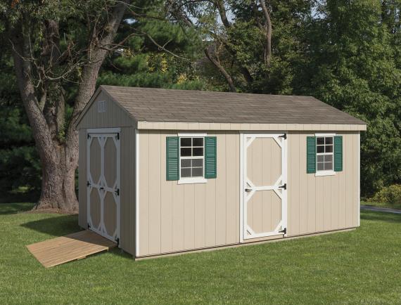 tan cottage shed with ramp