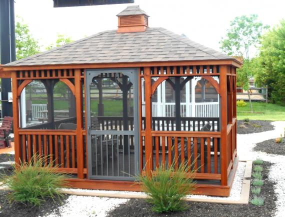 Brown wood rectangle gazebo with cupola