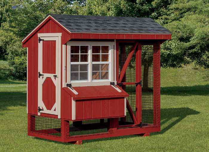 Red wooden Quaker Combination Chicken Coop with white trim, windows, a door, a raised coop, a gray shingle roof, and a fenced in chicken run with a door and roof.