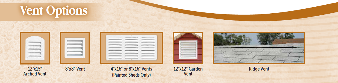 Vent options at Space Makers: 12 inches by 15 inches Arched Vent; 8 inches by 8 inches Vent; 4 inches by 16 inches or 8 inches by 16 inches Vents for painted sheds only; 12 inches by 12 inches Garden Vent; Ridge Vent