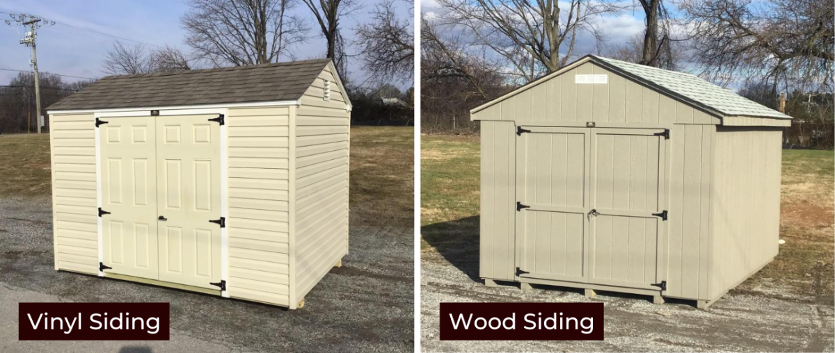 Shed with beige vinyl siding on left & shed with beige wood siding on the right.
