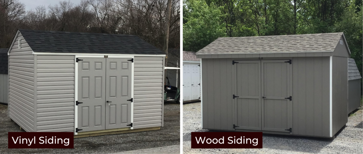 Shed with gray vinyl siding on left & shed with gray wood siding on the right.